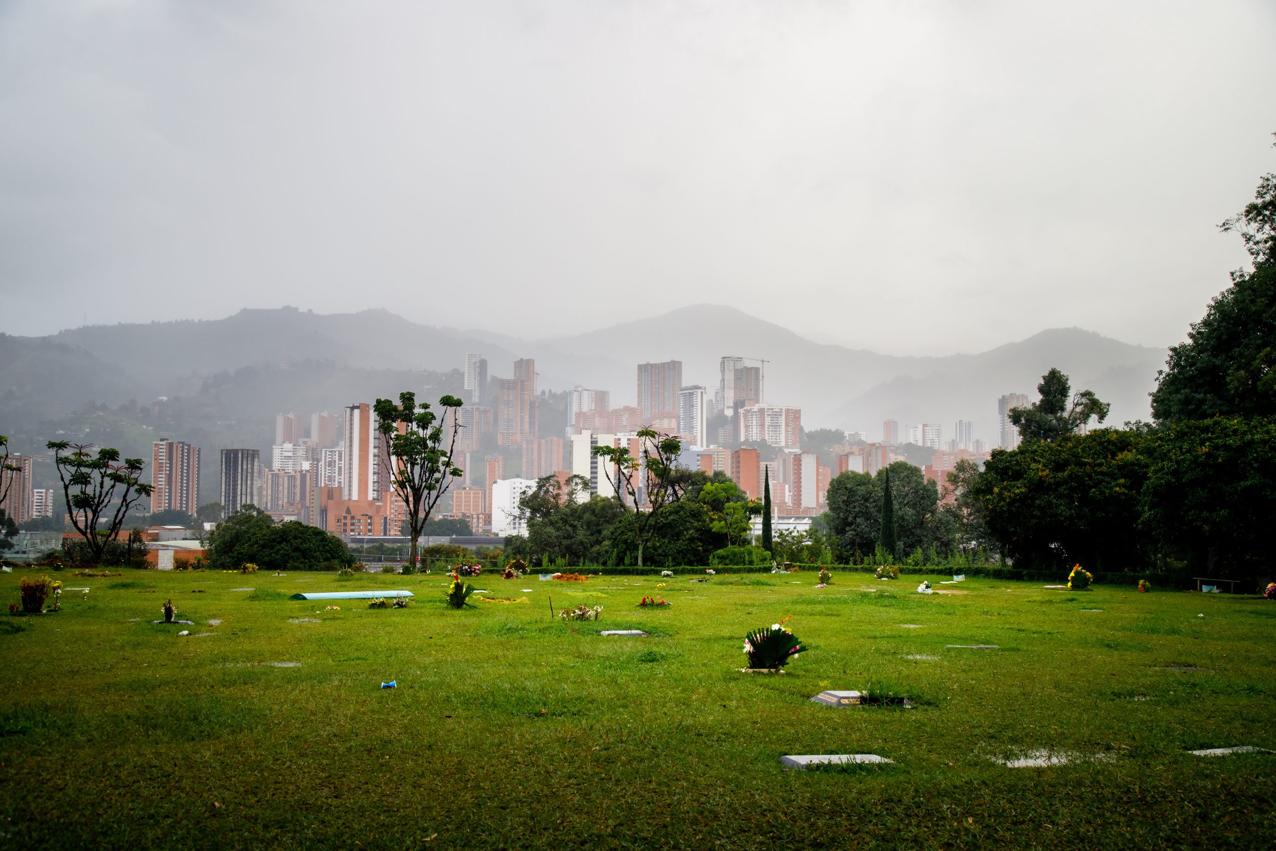 Medellin, Colombia - January 11, 2023: Panoramic of the Jardines Montesacro Cemetery, where the grave of Pablo Escobar Gaviria is located